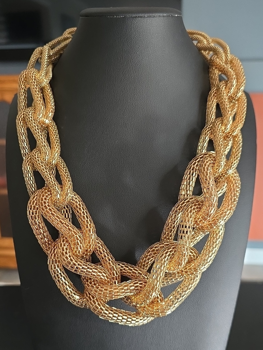 Signed C 1946 Cato Chunky Gold-Tone Braided Mesh Chain Statement Necklace